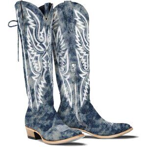 Women Denim Polyurethane Over the Knee Adjustable Thigh High Cowgirl Boot